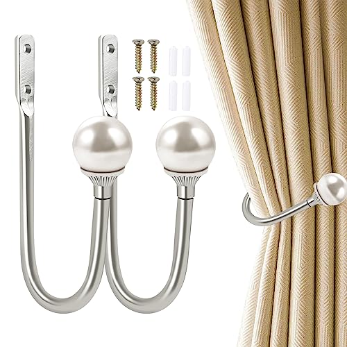 2Pcs Metal Curtain Hooks, Curtain Tieback Hooks Decorative Curtain Holdbacks Window Curtain Holder Drapery Holdbacks Wall Mounted Curtain Hold Back (Silver)