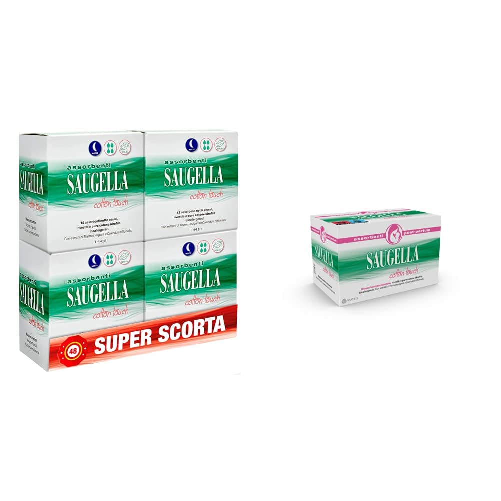 Saugella Saugella Cotton Touch Assorbenti Esterni Notte Ad Azione Antiodore Con Ali In Cotone 8 Pezzi & Cotton Touch assorbenti esterni post parto ad azione antiodore con timo e calendula 10 pezzi