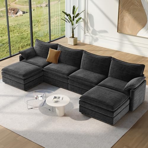 Image of Vesgantti 142 inch U Shaped Sectional Couch, Comfy Cloud Modular Sectional Sofa with 2 Ottoman Deep Seat Corduroy Modern Cloud Sofa, Modular Sofas for Living Room, Bedroom and Apartment, Gray