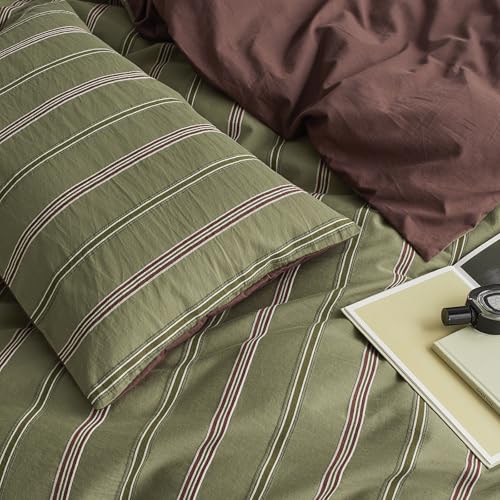 Image of mixinni Vintage Striped Duvet Cover Set Queen - 100% Cotton Reversible Jacquard Bedding Set, Retro Olive Green & Terracotta Comforter Cover, Soft Breathable 3-Piece(1 Duvet Cover+2 Pillowcases)
