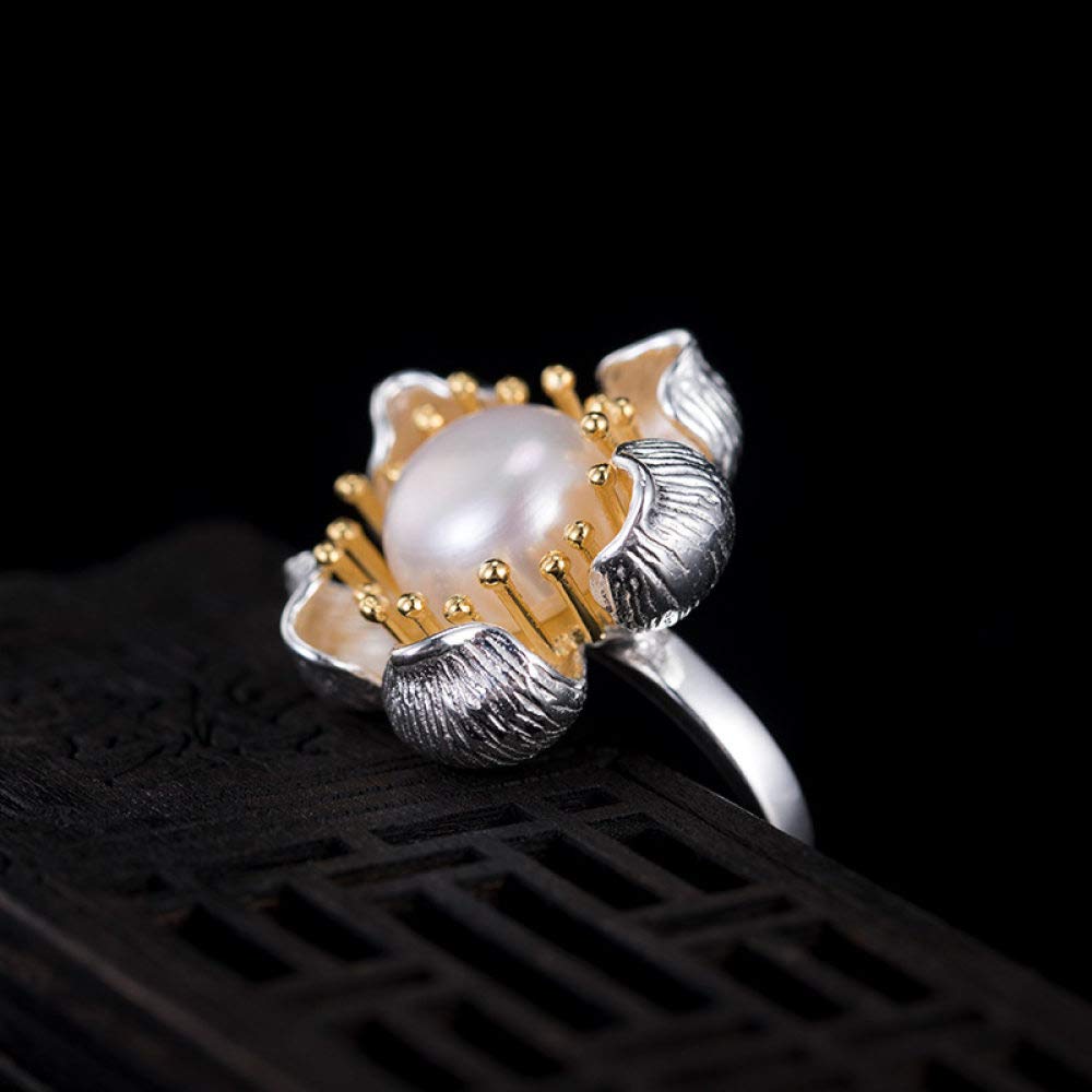 HGJH Anelli d'Argento,S925 Sterling Silver Fiore Stami Anello di Perle Anelli Regolabili Etnico retrò Anello Aperto Argento Eternity Ring Fascino di Nozze Gioielli Regali per Ragazze Signore