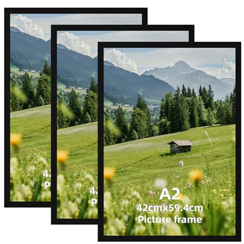 Hoikwo 3 Stück Bilderrahmen A2 Schwarz, Aluminiumrahmen 42x59,4 cm Perfekt für Poster & Kunstdrucke - Nur für Wandmontage