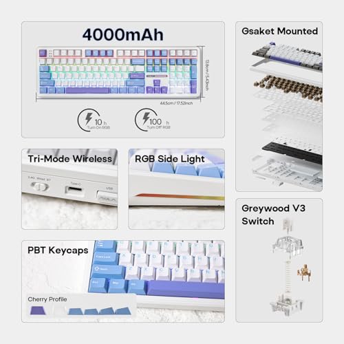 Image of EPOMAKER Aula F108 Wireless Gaming Keyboard, Mechanical Keyboard with 8000 mAh Battery, 108 Hot-Swap and Programmable Keys, RGB Backlight, for Mac /PC /Android (White Purple, Greywood V3)