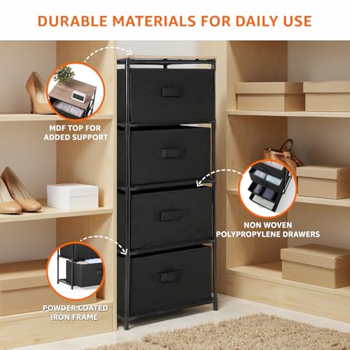Image of amazon Basics Fabric Chest of 4-Drawer, Iron Tube Frame & MDF Top, Non-Woven /Polypropylene, Lightweight Storage Organizer for Clothes, Bedroom, Entryway & Laundry - Black (40L x 30W x 90H CM)