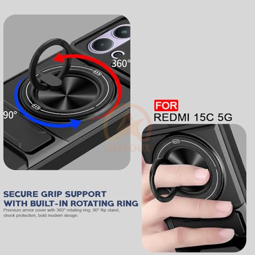Image of Redmi 15C 5G Back Cover | Armor Camera Slider 360 Degree Rotating Finger Ring Holder Case with Bracket Stand Back Case Cover (Compatible with MagSafe Accessories) (Black)