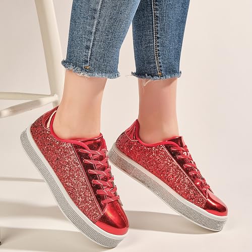 Image of UUBARIS Women's Glitter Tennis Sneakers Neon Dressy Sparkly Sneakers Rhinestone Bling Wedding Bridal Shoes Shiny Sequin Shoes