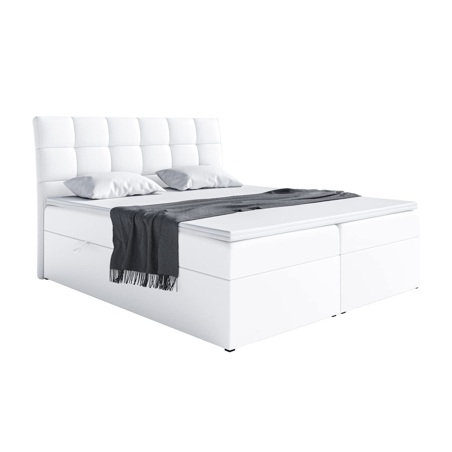 MEBLINI Boxspringbett mit Bettkasten - Gepolstert Doppelbett mit Matratze und Topper - Polsterbett mit Stauraum - Bett mit Kopfteil - Stauraumbett - Drago - 180x200 - H3/Weiß Kunstleder