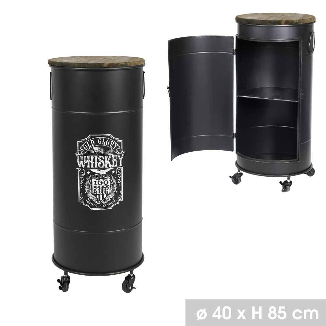 Meublorama Bar bidon avec Porte et roulettes – Design Old Glory, Dimensions 40x40x85 cm