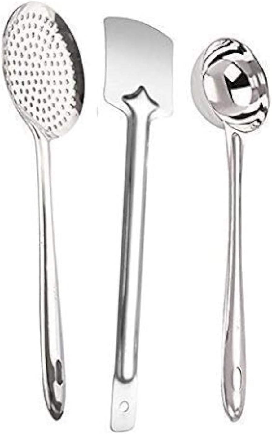 Kanshita's Rasoiware Stainless Steel 3-Piece Cooking Spoons Set – Includes Ladle, Turner & Skimmer | Essential Kitchen Utensil Set for Home Cooking