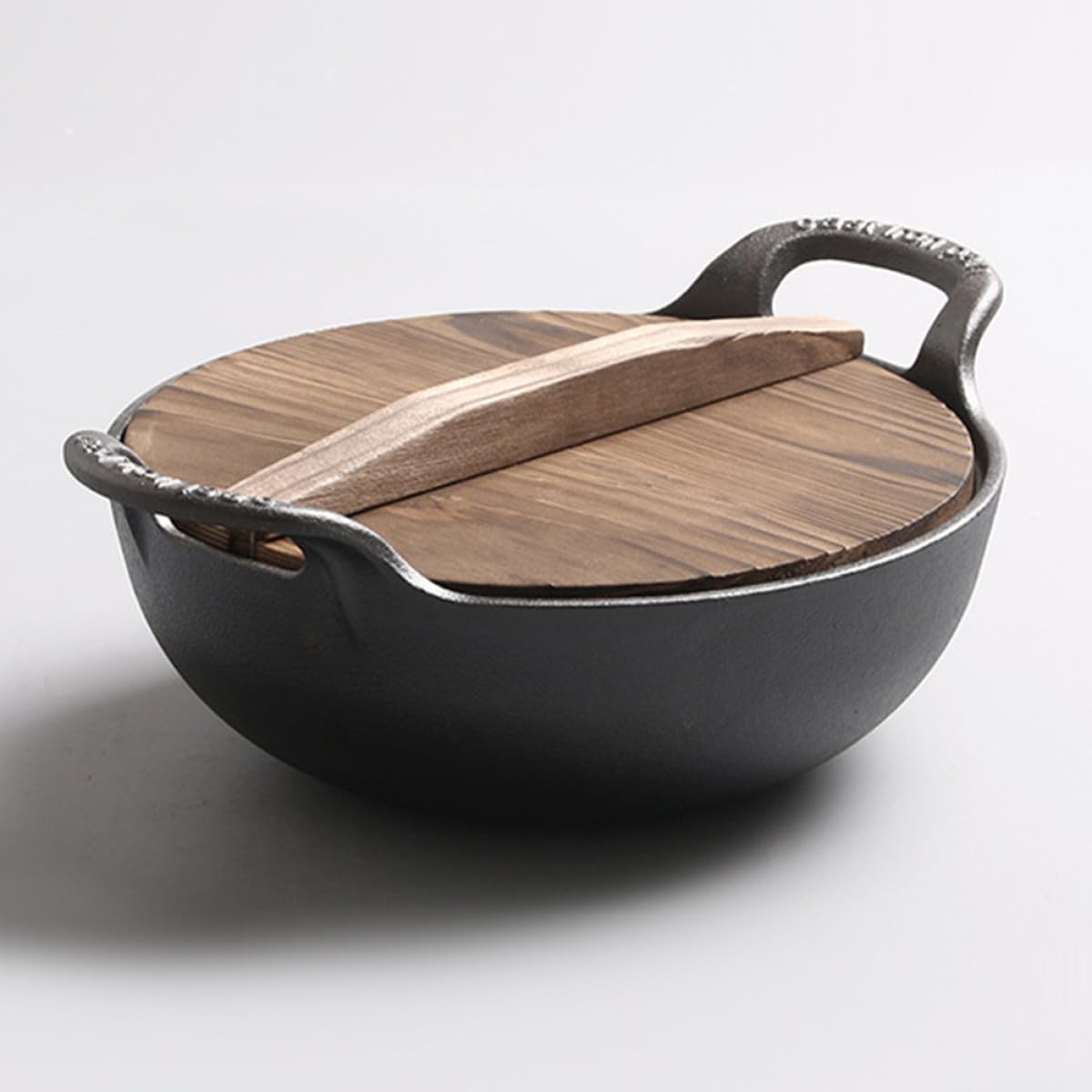 Balacoo Cast Iron Cooking Pot with Wooden Lid 20cm Diameter Outdoor Camping Cast Iron Skillet Compatible with Induction and Open Fire Cooking