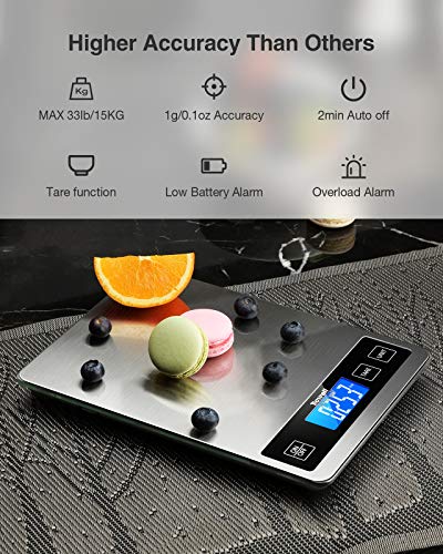 TICWELL Essential Food Scale 33lb Digital Kitchen Scale Weight Grams Oz for Cooking Baking Multifunction FoodScale1g Precise Graduation 5 Units LCD Display Screen Touch,Stainless Steel Tempered Glass - Thumbnail 3