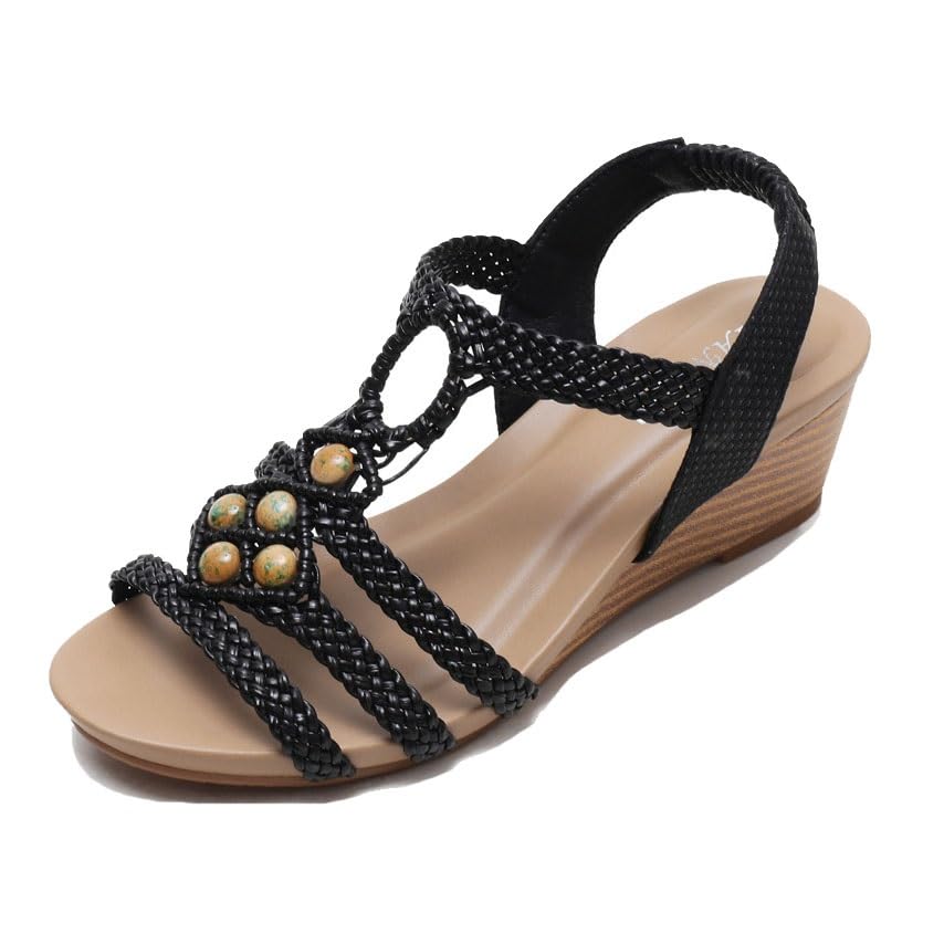 Wedge Sandals Boho, Women's Retro Weaved Beaded Open Toe Elastic Ankle Wedge Sandals, Summer Plus Size Non-slip Platform Roman Shoes Suitable, for All Kinds of Clothes Such as Jeans