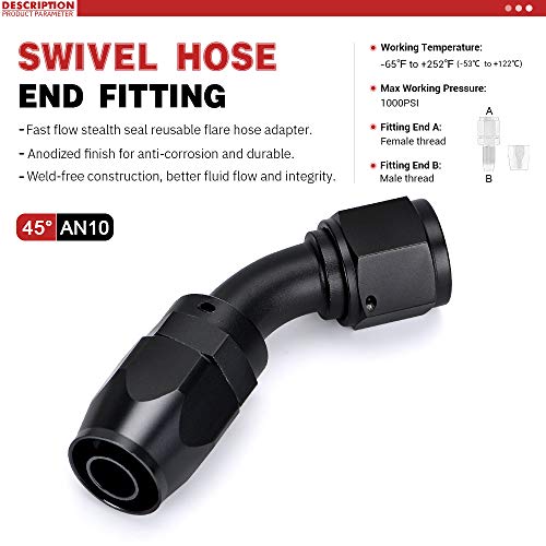 JONJEA Swivel Hose End Fitting – Straight, 45°, 90°, 180° For Braided Fuel Line (AN Sizes)
