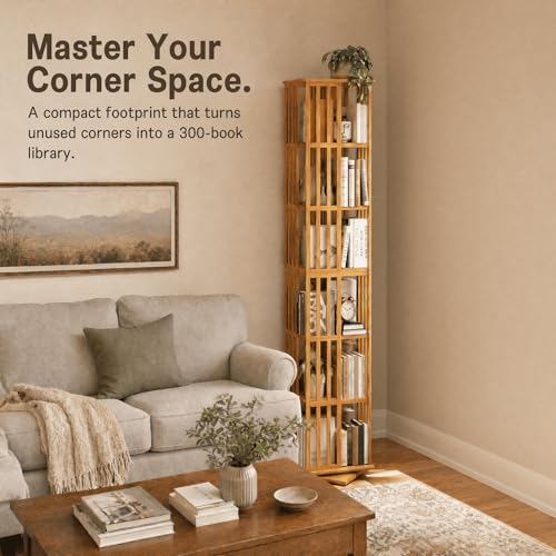 Image of Lauxery 6-Tier 360 Bamboo Rotating Bookshelf, Natural, 74.8 in | Easy Assembly, Ample Storage,1200 lbs capacity, Compact Footprint, Freestanding, dual shelf heights, for living room