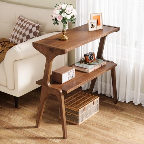 Tribesigns Solid Wood Side Table, 2-Tier Farmhouse Couch Side Table, Rustic Slim Tall Sofa End Table with Storage Shelf for Living Room, Skinny Bedside Table, Nightstand for Bedroom, Rustic Brown