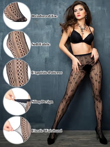 Image of Ramede 6 Pairs Women Fishnet Thigh High Stockings Waist Tights Striped Patterned Fish net Leggings Pantyhose for Halloween