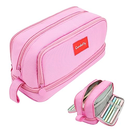 Candofly Large Capacity Pencil Case - Big Pencil Pouch Aesthetic Canvas Pencil Bag With 4 Compartments Multifunctional Pencil Box Pen Bag For School Students Adults Women Girls (Pink) #TOP17