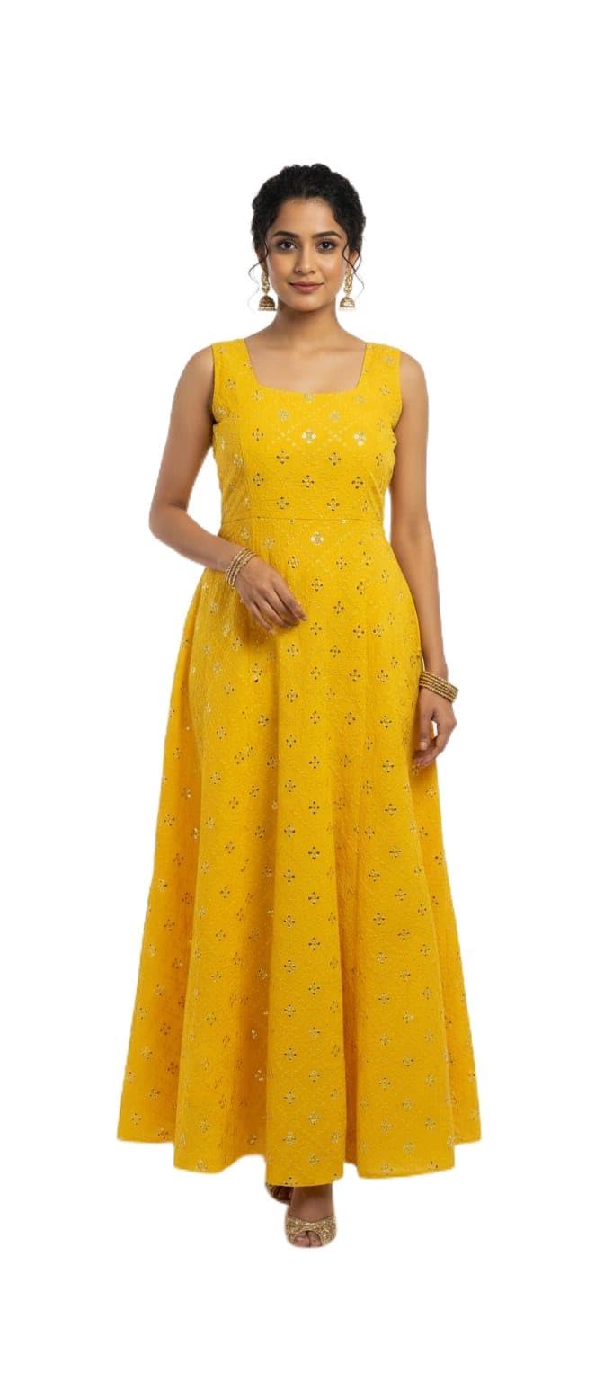 minaakshigangaa Women's Yellow Embroidered Flared Maxi Dress, Sleeveless Anarkali Style, Festive & Casual Wea-picture-22