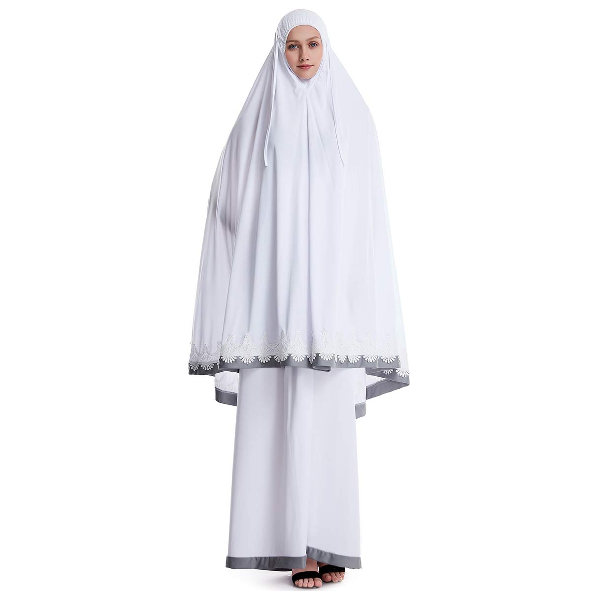 Muslim Women Lace Thobe Dress Two-piece Suit Ethnic Lady Hijab Abaya Suit, White, One Size