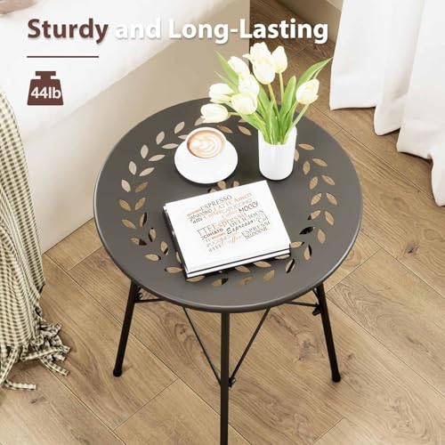 Stolik boczny zewnątrz, mały stolik zewnątrz, okrągły stolik boczny patio metalowy, odporny warunki atmosferyczne, mały stolik pomocniczy patio, ogrodu, balkon, podwórko (czarny)