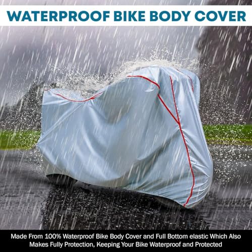 Image of Waterproof Bike Body Cover Compatible with Tvs Apache RTR 160 Dustproof Scratchproof - Motorcycle Cover for Two Wheeler, Outdoor Full Cover with UV, Duty, Rain Protection (Silver & Red) R1A