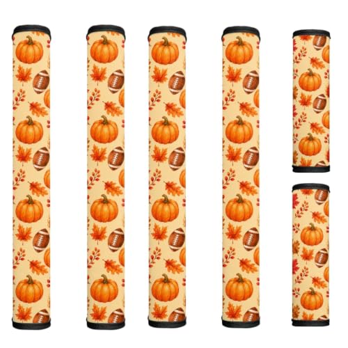 Image of Fall Pumpkin Refrigerator Door Handle Covers Football Print Anti-Skid Kitchen Appliance Handle Covers Adjustable Handmade Fall Decor Protector for Fridge, Ovens, Dishwashers