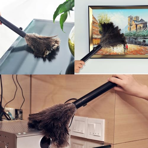 Image of 2pcs Feather Duster, Retractable Handle Fluffy and Natural Feather Duster Intrior /Extrior Cleaner for Blinds, Kitchen, Keyboard, Office Cleaning Supplies(Color:Black)