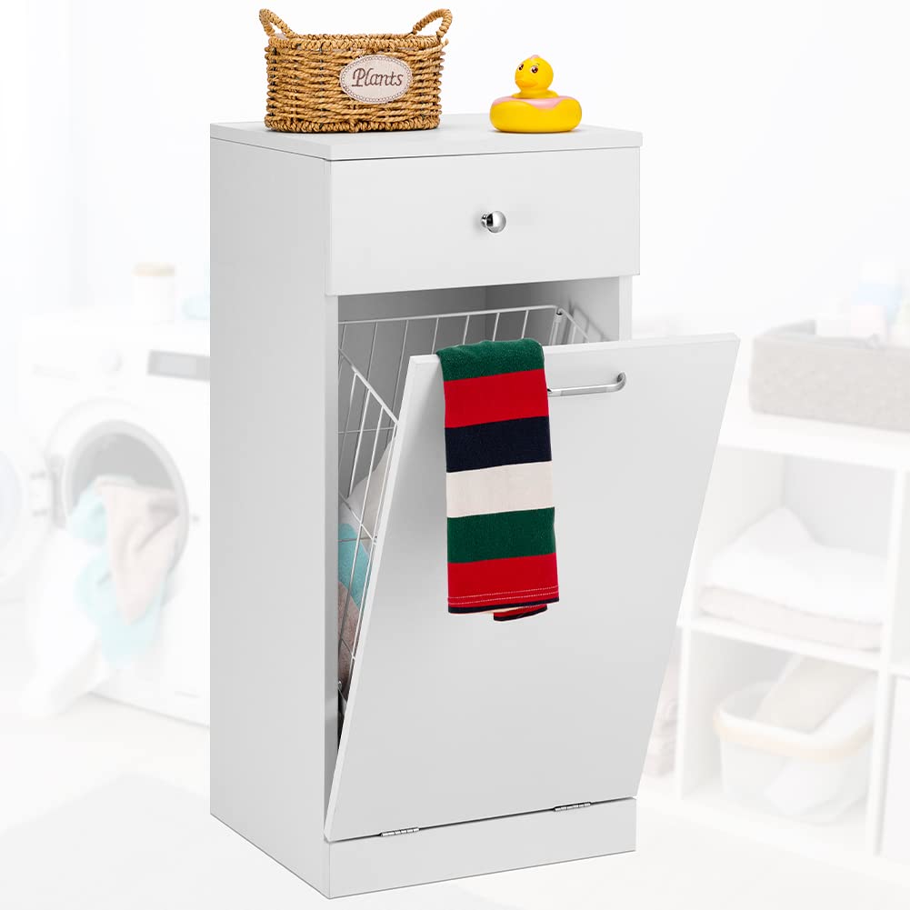 BAKAJI Mobile da Bagno Porta biancheria Bianco con 1 Cassetto ed 1 Anta Basculante, Armadietto Autoportante con Cesto per Lavanderia, Vano Portaoggetti, Dimensioni 35 x 35 x 75 cm