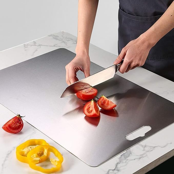 Image of Heavy Duty Stainless Steel Chopping Board for Kitchen - Premium Large Cutting Board for Vegetables, Fruits, Meats, Bread & Cake Prep - Durable, Non-Slip, Safe & Easy to Clean
