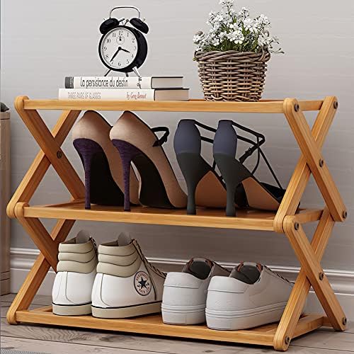 SXRZY Bamboo Shoe Rack Small Space,3 Tier Shoe Rack Wooden,Sturdy and Durable Installation-Free Folding Shoe Storage Rack for Entryway, Hallway,Closet,Dorm,Bearing 40kg (50×25×40cm)