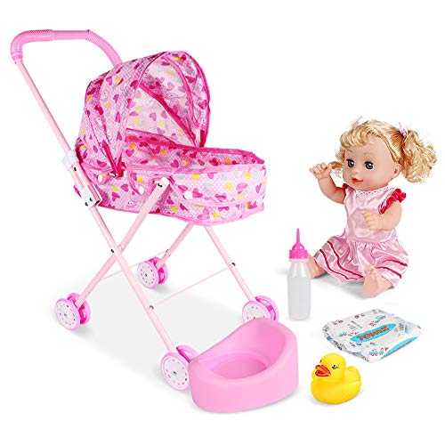 Bonita muñeca bebé con carrito, acostada, ojos cerrados, bebe agua, extremidades activas, muñeca bebé interactiva para niños de 3 años en adelante, carrito con forma de corazón + muñeca + juego de 4