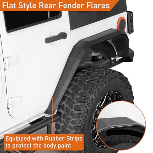 Image of Hooke Road JK Flat Rear Fender Flares Mud Guard for 2007-2018 Jeep Wrangler JK & Unlimited 2 /4 Doors, 2PCS Off-Road Wheel Fenders Heavy-Duty