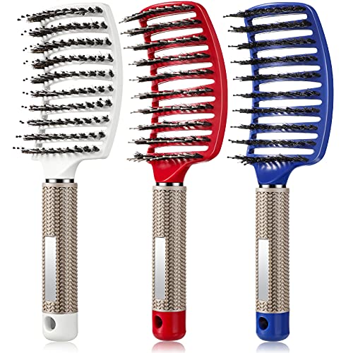 3 Pieces Curved Vented Boar Bristle Hair Brushes Fast Dry Detangling Hair Brush Fast Blow Detangling Hair Styling Brush for Women Men Wet Dry Curly Thick Straight Hair (Red, White, Blue)
