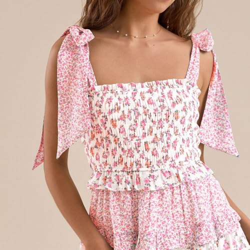 Image of Women Y2K Tie Shoulder Mini Dress Bow Babydoll Ruffle Short Dress Summer Boho Floral Flowy Beach Sundress