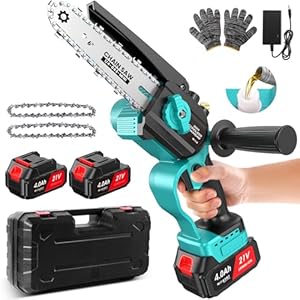 Mini motosierra Bateria 8000mAh, 6» Motosierra ElÃ©ctrica Bateria con DepÃ³sito Para El Aceite y 2 baterÃ­as, Ajuste sin Herramientas, Motosierra de Mano InalÃ¡mbrica para Ramas y JardinerÃ­a
