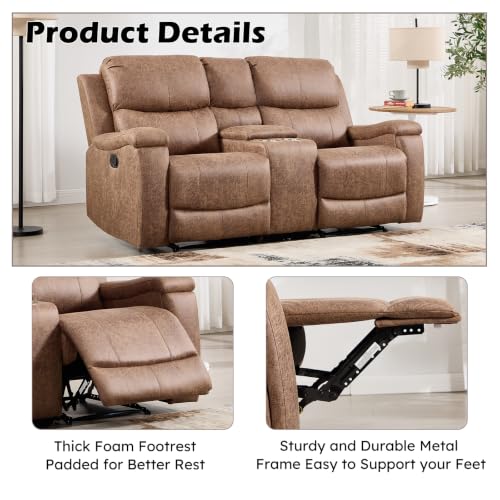 Image of CANMOV Manual Reclining Loveseat with Console,Faux Leather Double Recliner Loveseat Sofa with Hidden Storage and Cup Holders,Manual Recliner Loveseat Couch Set for Living Room,Nut Brown