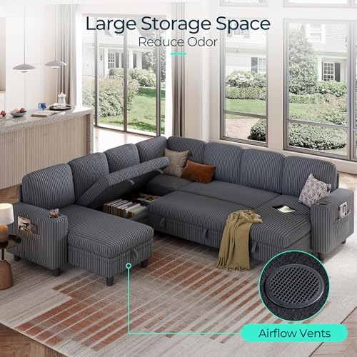 Image of LINSY HOME Sectional Sleeper Sofa Pull Out Couches for Living Room (Grey, Sleeper Sofa 5) | Pull Out Sofa Bed, Storage, USB Charging, Cup Holders, Plush Corduroy