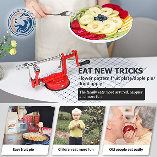 MAISON HUIS 3-in-1 Cast Apple/Potato Peeler Slicer Corer Stainless Steel Blades Red Hand-cranking Machine Durable Heavy Duty Die Cast Magnesium Alloy Peelers Slicer Fruit Vegetable Peeler for Kitchen