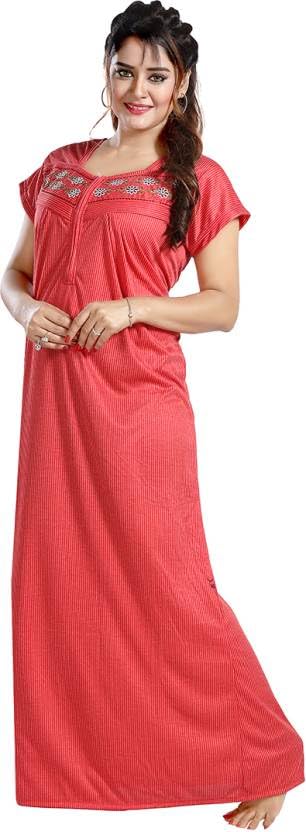 Image of Onekbhalo Women's- Full Sleeves-Feeding- Nursing- Maternity Nighty /Maxi /Gown /Nightdress /Nightwear- Hosiery Cotton Fabric- Floral Print- Embroidery with Zip
