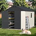 Devoko 8 x 10 FT Plastic Outdoor Storage Shed with Floor, Garden Resin Shed Tool Shed with DIY Window and Lockable Door, Beige Kick-it Shed for Patio, Backyard, Lawn