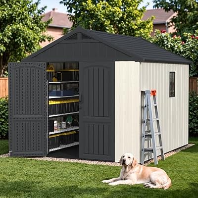 Devoko 8 x 10 FT Plastic Outdoor Storage Shed with Floor, Garden Resin Shed Tool Shed with DIY Window and Lockable Door, Beige Kick-it Shed for Patio, Backyard, Lawn