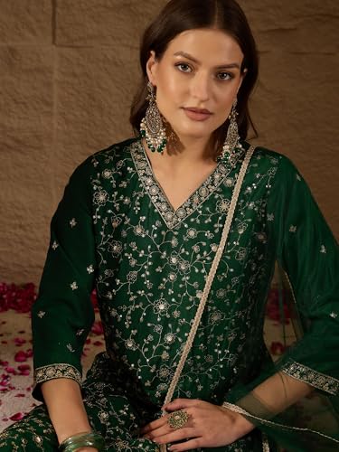 Image of Vaamsi Women's Silk Blend Floral Embroidered Straight Kurta Pant With Dupatta With Cotton Inner