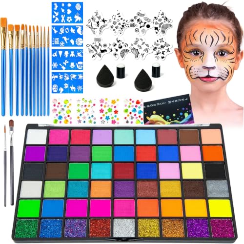 54 Colors Face Painting Kit for Painting Enthusiast Body Paint Non Toxic Makeup Professional Includes 11 Brushes 12 Stencils 4 stickers 4 sponges Suitable for Festivals Birthday Parties events