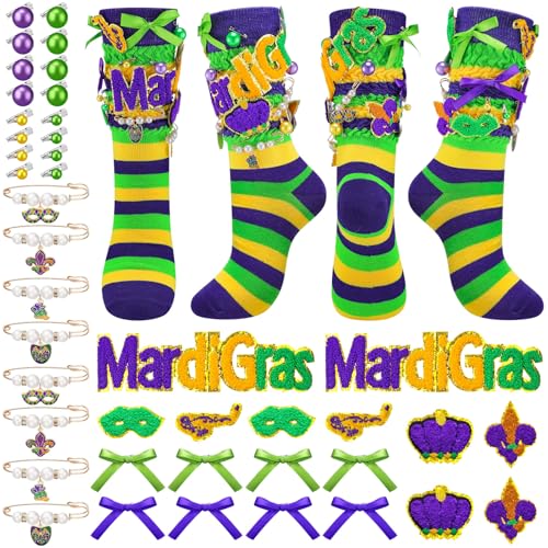 Cutecrop 40 Pcs DIY 2 Pairs of Mardi Gras Socks 38 Charms Kit Accessories Slouch Scrunch Purple Striped Sock Carnival Style Charms Pin Brooch Rhinestones for Women Mardi Gras Shoes Sneakers Decor