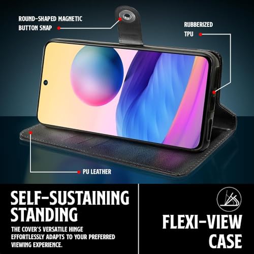 Image of WOW IMAGINE Shock Proof Flip Cover Back Case for Xiaomi Redmi Note 10T 5G | Poco M3 Pro 5G (Magnetic Button Flip Case | Wallet Pockets & Stand | Leather Finish | Haze Black)