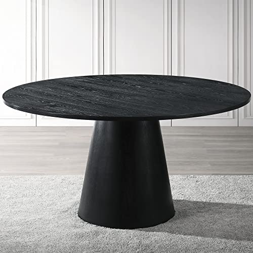 Image of Terra 59 inch Transitional Round Dining Table with Pedestal Base, Black | Engineered Wood, Smooth Finish, Mid-Century Modern Pedestal Base, 1 inch Thick Tabletop, Seats 4