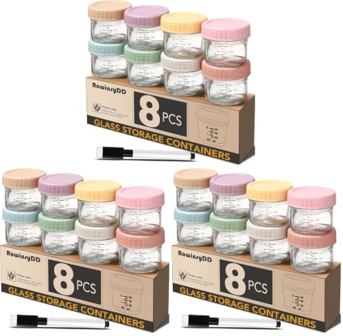 Image of RowinsyDD 24 Pack Glass Baby Food Storage Containers, 2 oz Leakproof Baby Food Jars with Lids, Small Glass Food Containers for Infant Baby, Freezer Safe