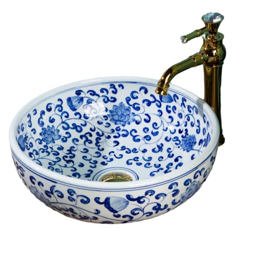Lavabo de cerámica pintado a mano, porcelana azul y blanca, plato de lavabo oriental, cuencas redondas Cover