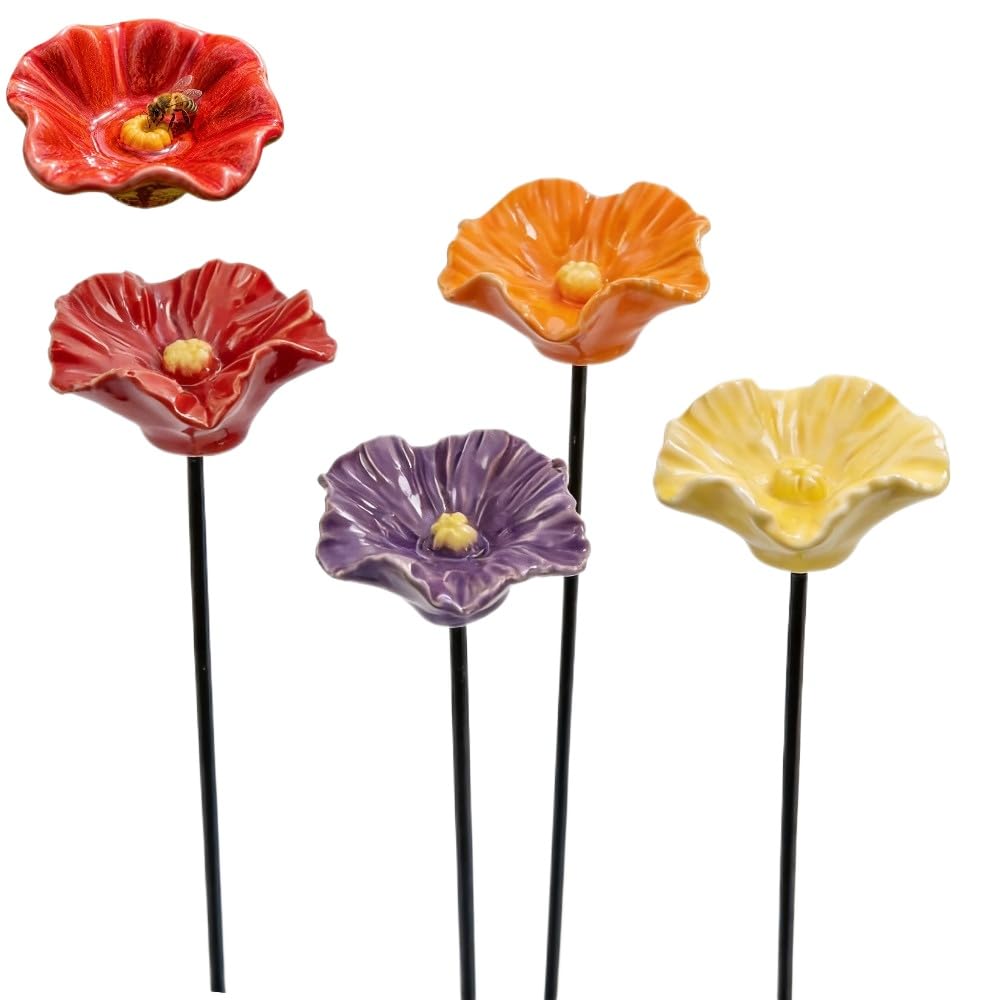 Ceramic Flower Bee Watering Station – 4 Colors, Garden Stake Decor