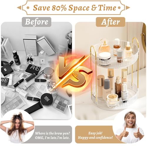 Make Up Kosmtik Organizer, 360° Drehbar Schminktisch Organizer, Multifunktion Schmink Aufbewahrungssystem Skincare für Dresser Schlafzimmer Badezimmer, 2 Schichten, Transparent